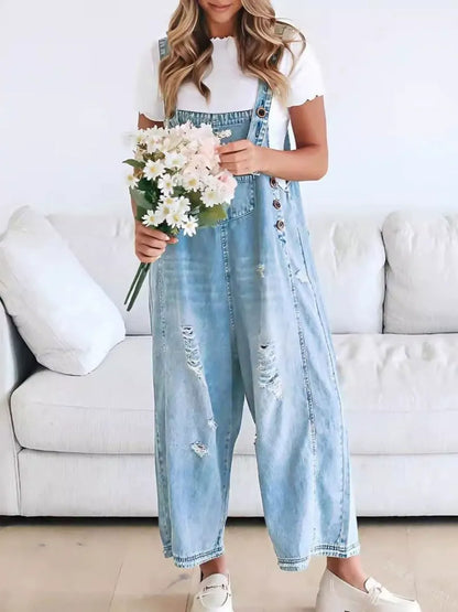 Vintage Washed Denim Bib Overalls for Women - Flattering Relaxed Fit Harem One-Piece