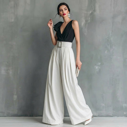 Women's High Waisted Wide Leg Pants - Elegant Pleated Flowy Palazzo Trousers