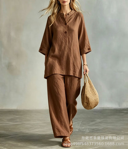 Women's Linen Look 2-Piece Lounge Set | Casual Half Sleeve Button Top & Wide Leg Pants Suit