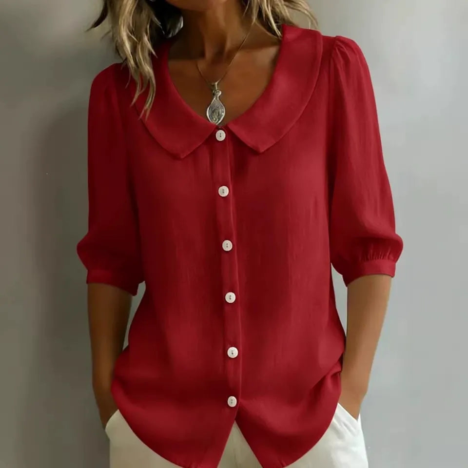 Casual Half-Sleeve Button-Down Shirt | Breathable Red Linen-Blend Blouse