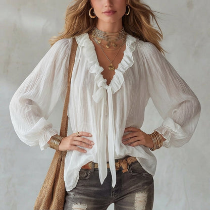 Loose Fit Smocked Peasant Top - Lightweight Long Sleeve Vacation Shirt