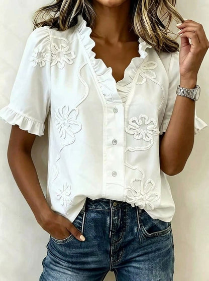 Vintage Embroidered Ruffle Neck Slub Cotton Blouse