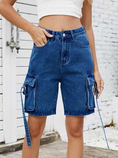 Women’s Washed Cargo Denim Bermuda Shorts Mid Waist Utility Pocket Streetwear Jean Shorts