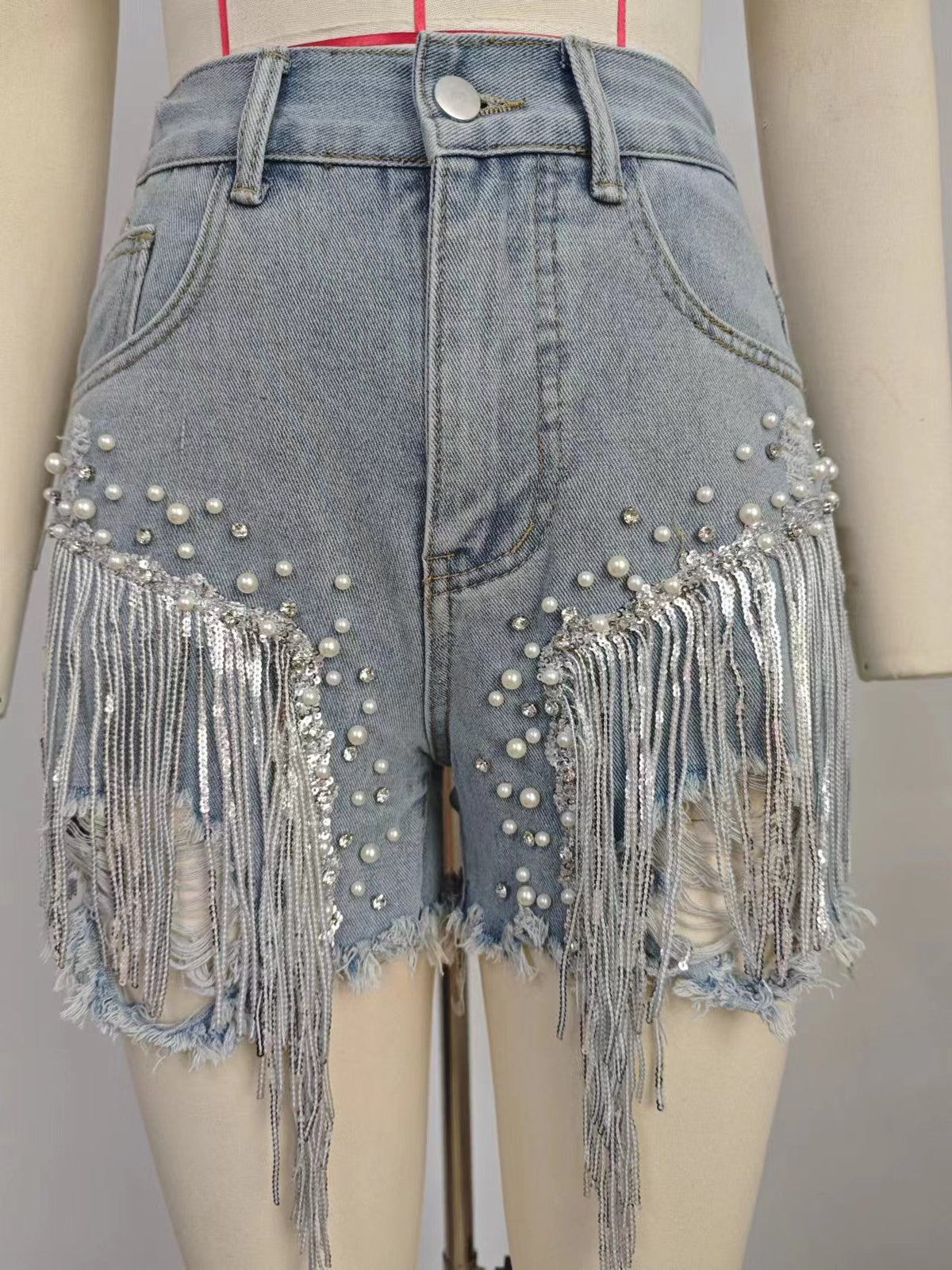 Women’s Rhinestone Fringe Denim Shorts High Waist Pearl Beaded Distressed Jean Shorts