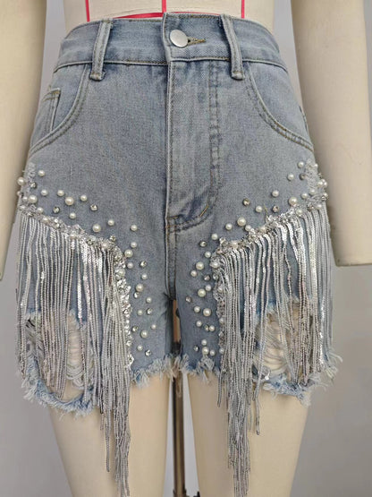Women’s Rhinestone Fringe Denim Shorts High Waist Pearl Beaded Distressed Jean Shorts