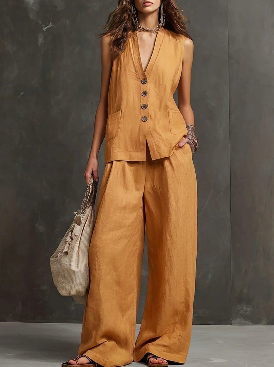 Chic Cotton Linen Blend 2-Piece Set - Sleeveless Button-Down Vest & High-Waist Wide Leg Pants Lounge Set