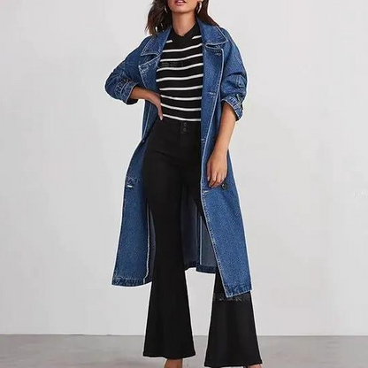 Women's Long Denim Trench Coat with Belt | Loose Fit Washed Black Jean Duster Jacket Tie-Waist Outwear