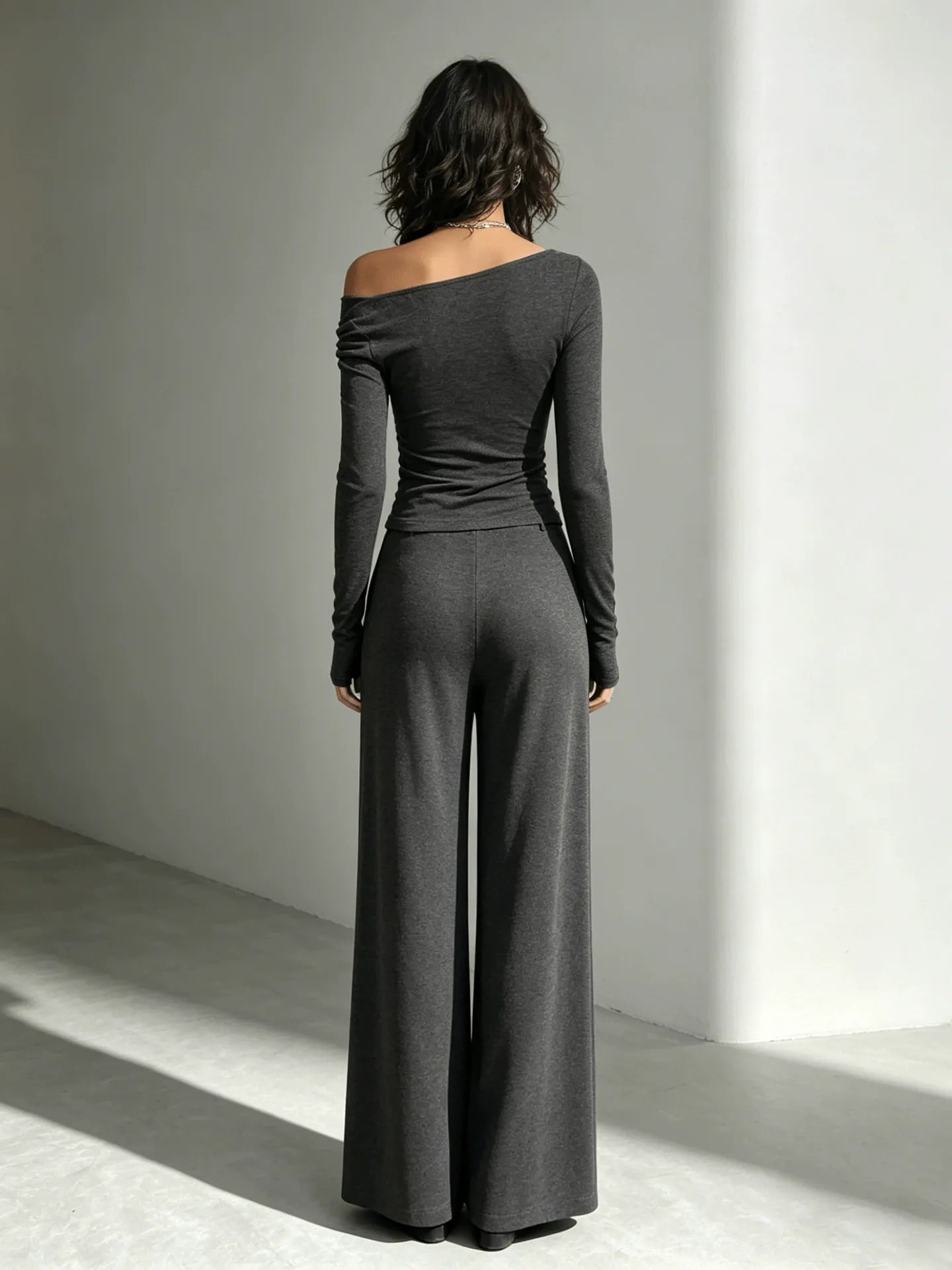 Avant-Garde Asymmetric Knit Set | Ruched Off-Shoulder Top & Pleated Wide-Leg Pants sets