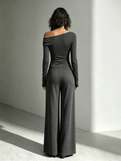 Avant-Garde Asymmetric Knit Set | Ruched Off-Shoulder Top & Pleated Wide-Leg Pants sets