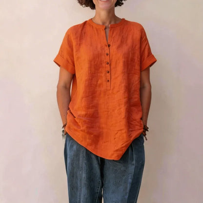 Casual Short-Sleeve Popover Shirt | Breathable Cotton-Linen Tunic with Cuffed Sleeves