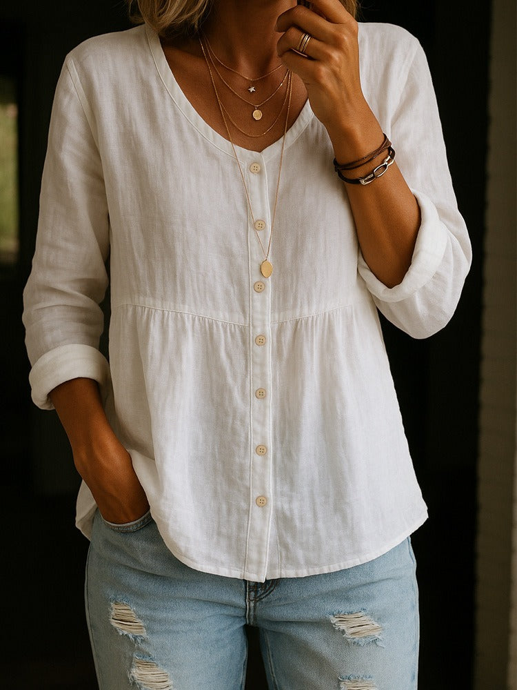 Relaxed Fit Button-Down Peplum Tunic | White Summer Linen-Blend Blouse