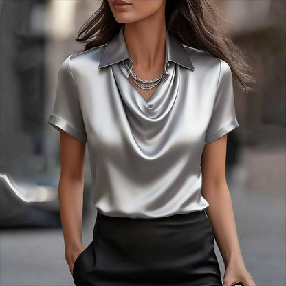 Elegant Short Sleeve Silk-Touch Shirt | Fluid Polo Collar Satin Top for Women