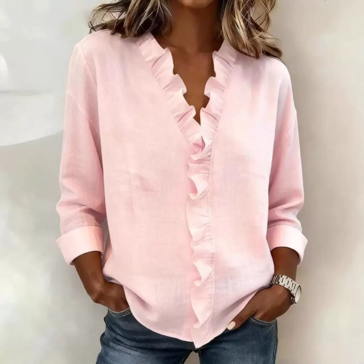 Cascading Ruffle Front Long Sleeve Shirt | Breathable Slub Cotton-Linen Blouse