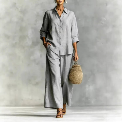 Women's Linen-Look 2-Piece Lounge Set | Casual Long Sleeve Button Shirt & Wide Leg Pants Suit