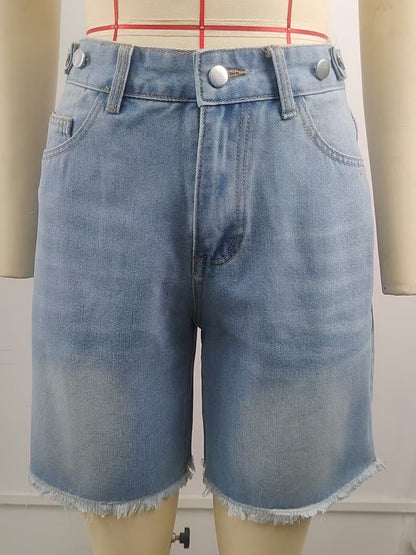 Women’s Washed Denim Bermuda Shorts Adjustable Waist Raw Hem Casual Jean Shorts