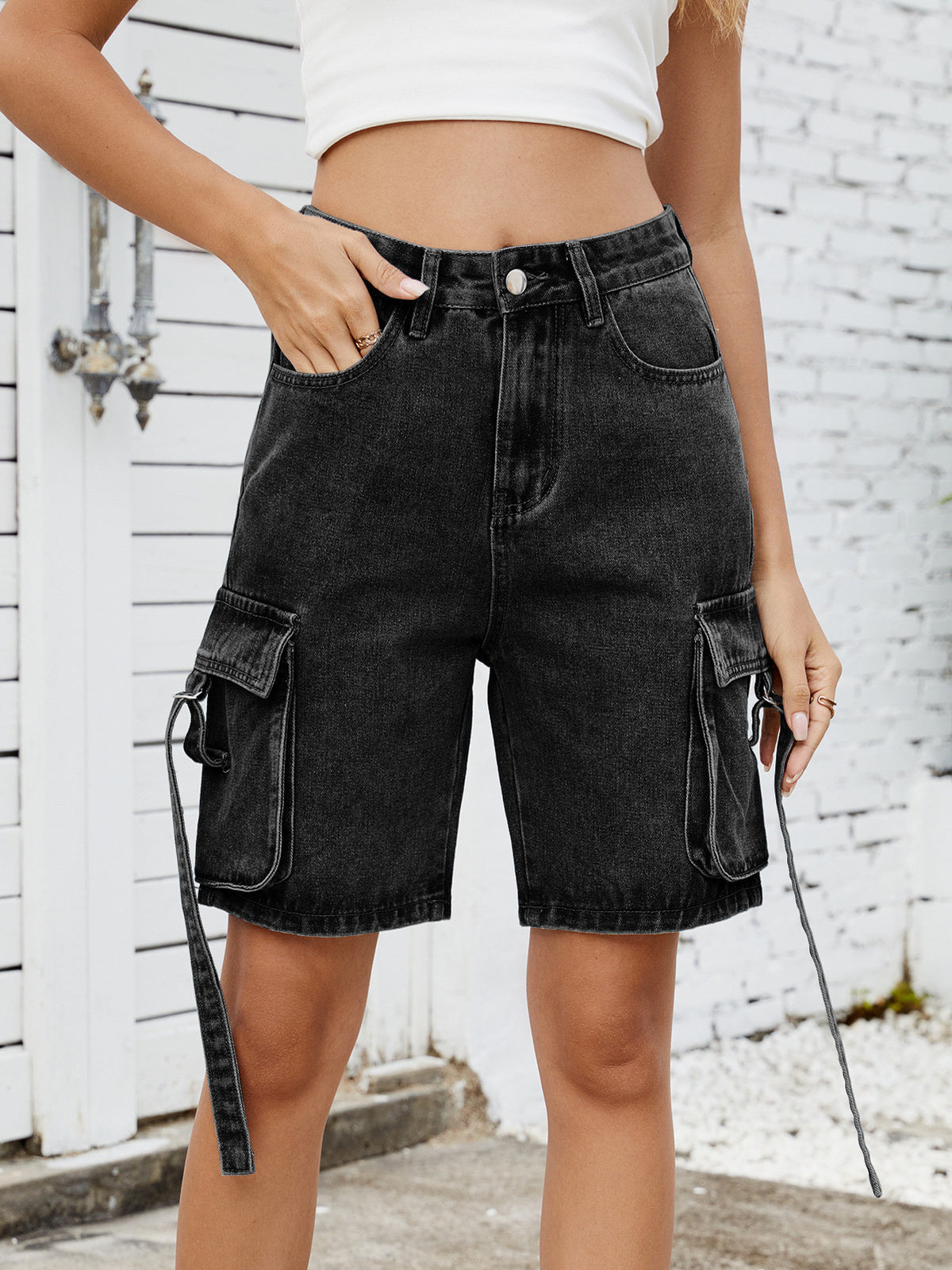Women’s Washed Cargo Denim Bermuda Shorts Mid Waist Utility Pocket Streetwear Jean Shorts