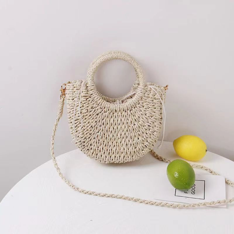 Handmade Half-Moon Straw Crossbody Bag - Vintage Paper Rope Woven Tote & Beach Shoulder Purse with Top Handle