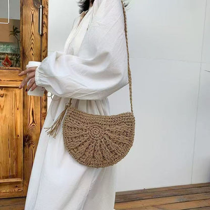 Bohemian Crochet Half-Moon Crossbody Bag - Vintage Woven Mesh Straw & Yarn Beach Purse with Tassels
