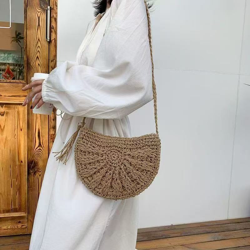 Bohemian Crochet Half-Moon Crossbody Bag - Vintage Woven Mesh Straw & Yarn Beach Purse with Tassels