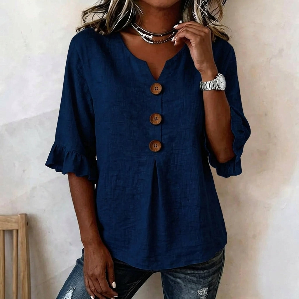Casual 3/4 Sleeve Cotton Linen Shirt | Boho V-Neck Tunic with Wood Buttons