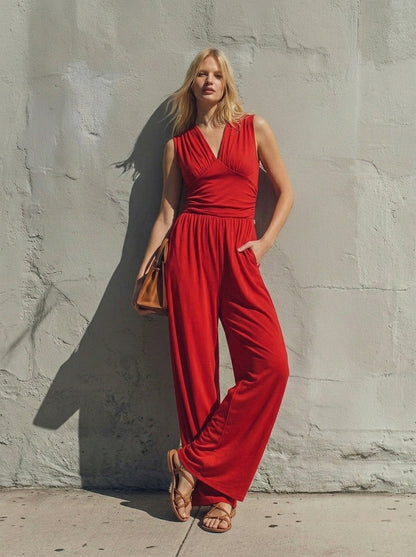 Chic Plunging V-Neck Sleeveless Jumpsuit - Elegant Ruched Waist Ribbed Knit Wide-Leg Romper for Women