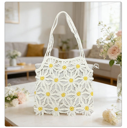 Bohemian Daisy Crochet Tote Bag - Handmade Hollow-Out Floral Knit Beach Shoulder Purse with Inner Pouch
