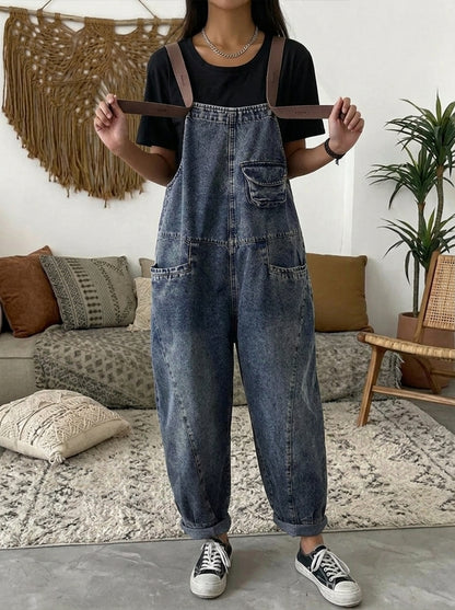 Vintage Washed Denim Bib Overalls for Women - Flattering Relaxed Fit Jean Romper