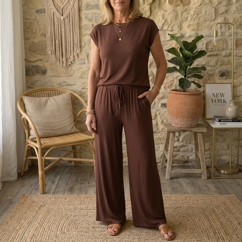 Women's Modal 2-Piece Lounge Set - Cap Sleeve Tee & Wide Leg Pants Pajama Set