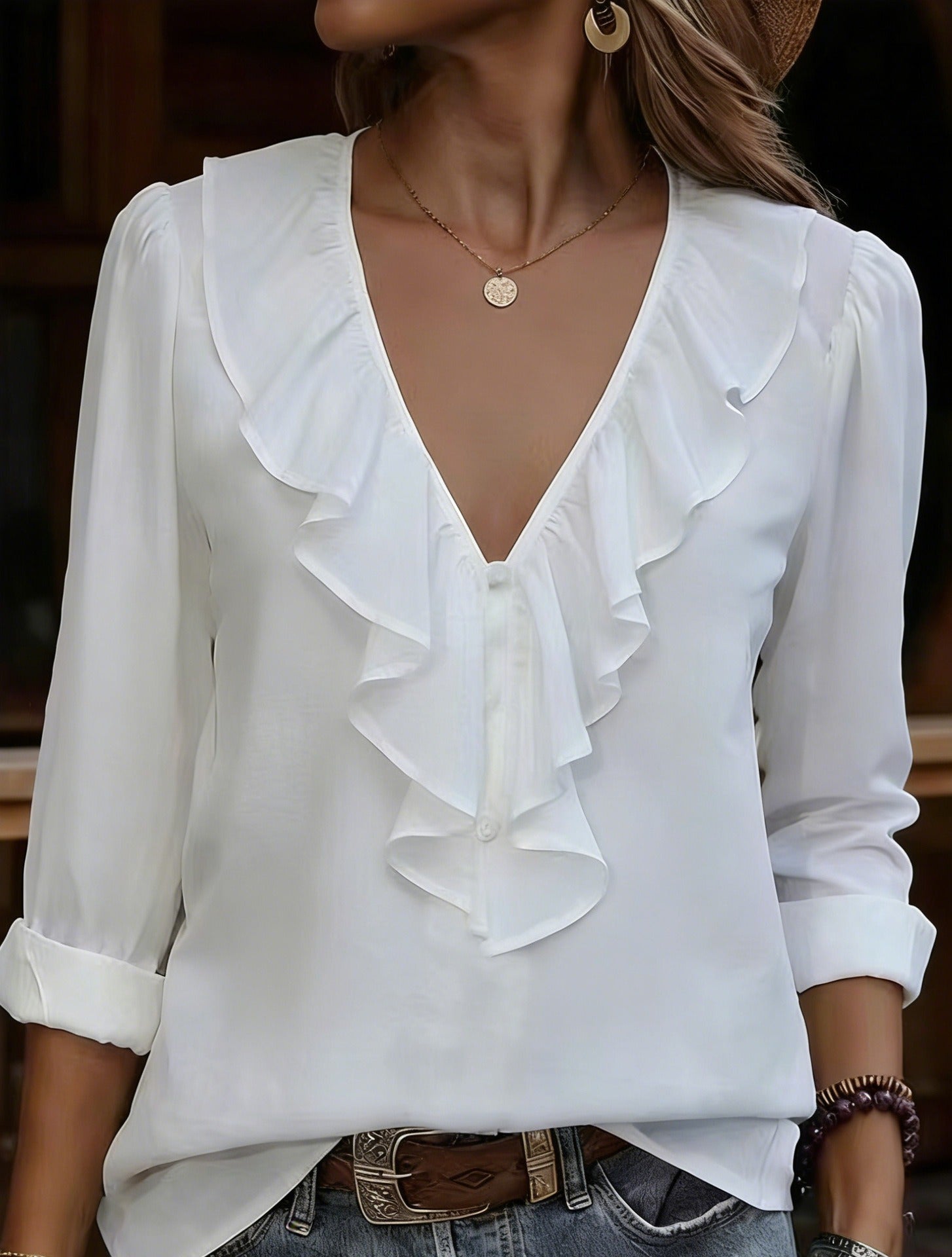Women's Ruffle V-Neck Chiffon Blouse | Casual Solid Color Three-Quarter Sleeve Shirt Top