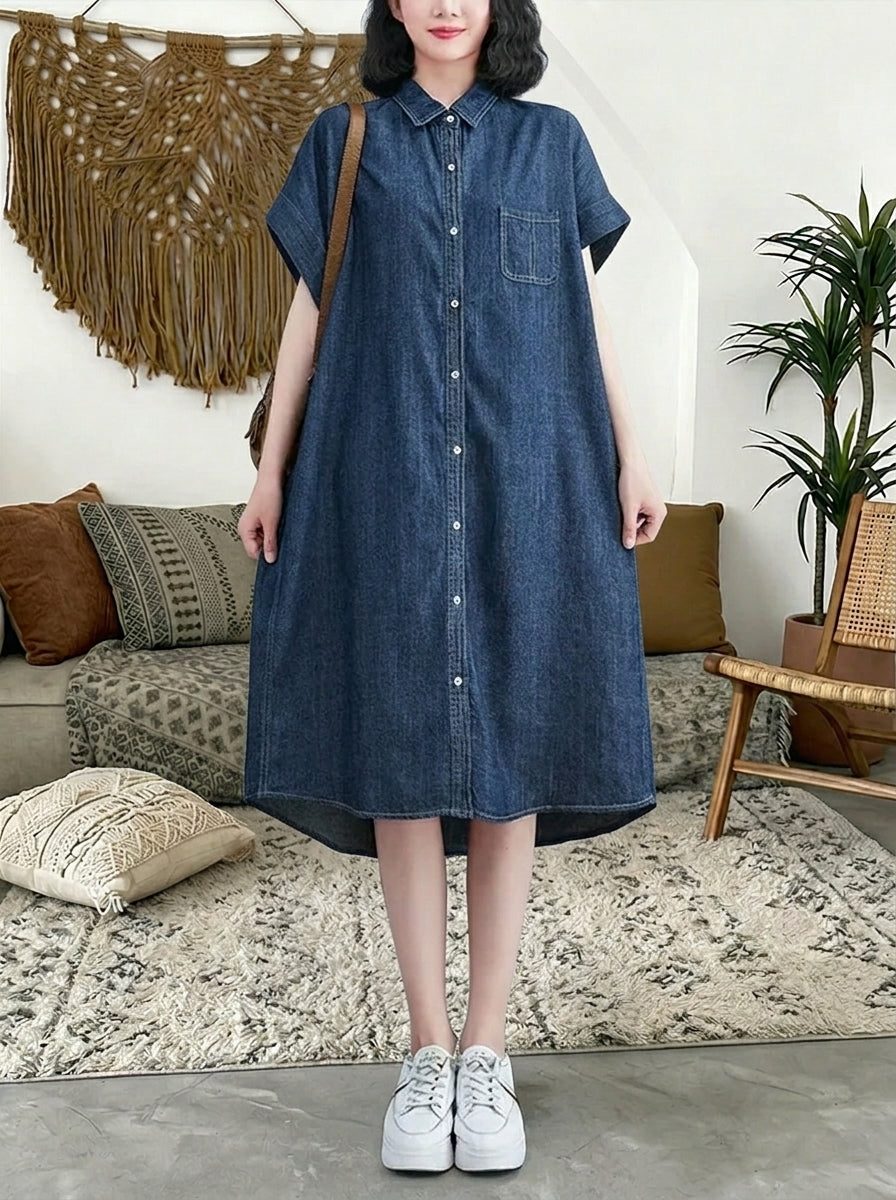 Vintage Oversized Denim Dress for Women - Lightweight Button-Down Polo Neck Dress