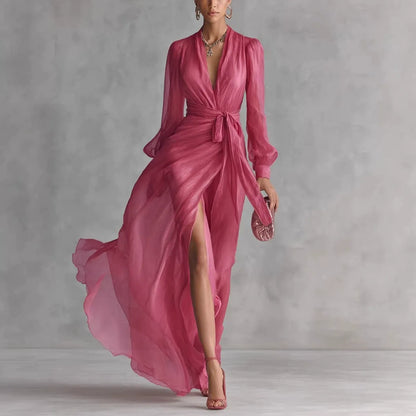 Women's Shimmer Chiffon Maxi Dress - Elegant V-Neck High Split Long Gown