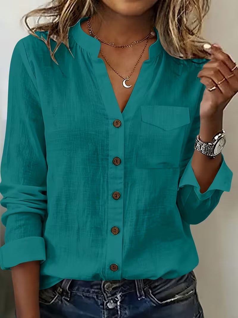 Intellectual Slub Tunic Shirt - White Mandarin V-Neck Blouse