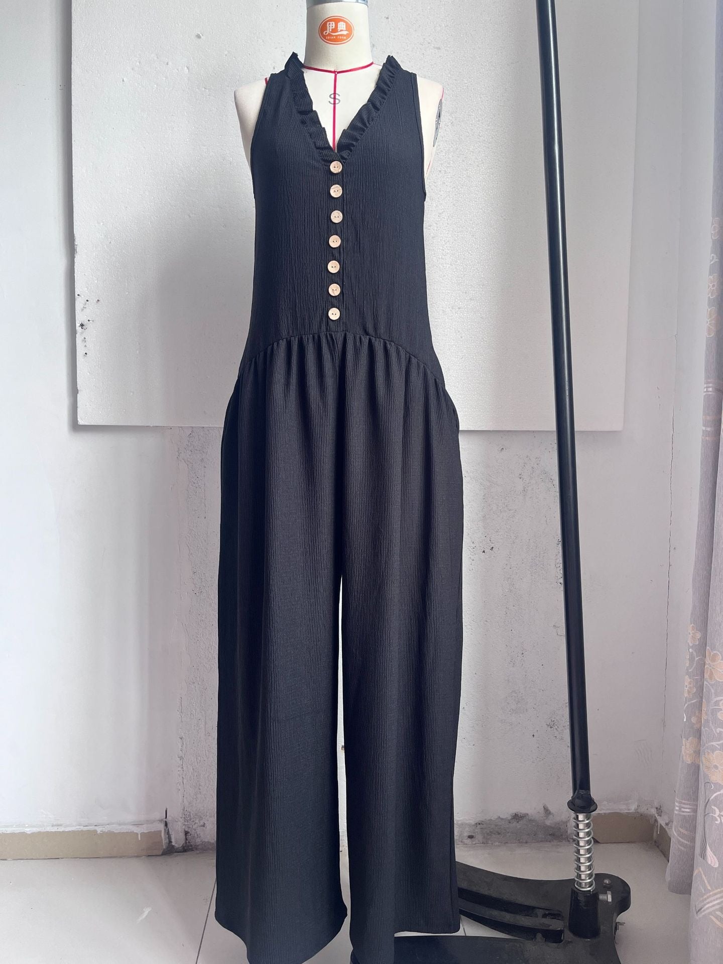 Sleeveless Button-Down Harem Jumpsuit | Earthy Brown Textured Summer One-Piece