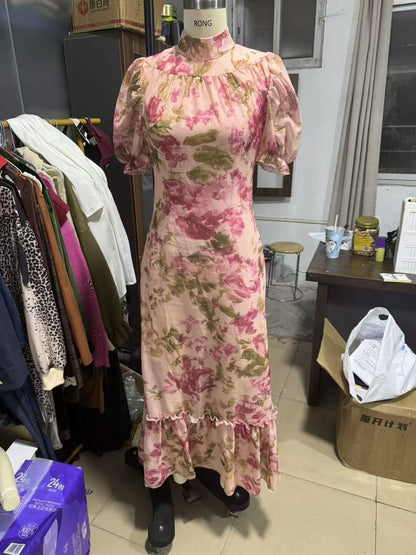 Robe longue en mousseline florale pour femme - Robe sirène à col montant et manches bouffantes