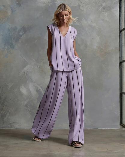Women's Vertical Striped Linen 2-Piece Set | Casual V-Neck Sleeveless Top & Wide Leg Pants Suit