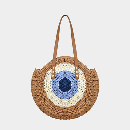Bohemian Evil Eye Woven Straw Tote Bag - Large Capacity Retro Beach Shoulder Purse for Women