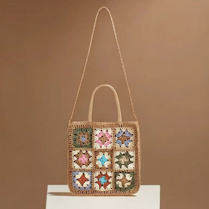 Bohemian Granny Square Crochet Tote Bag - Handmade Recycled Paper Straw Shoulder Purse & Crossbody Bag