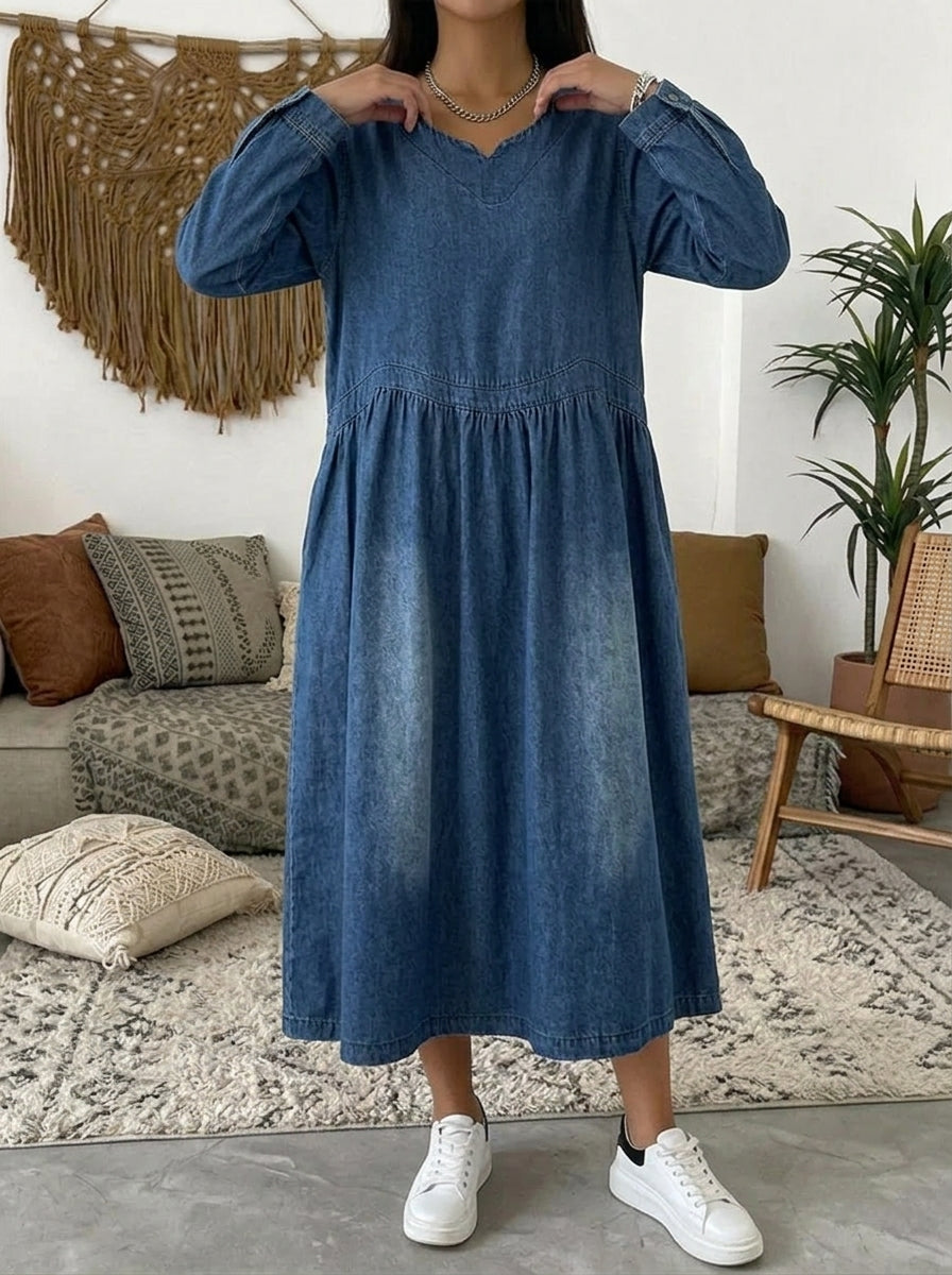Vintage Oversized Denim Dress for Women - Cozy A-Line Long Sleeve Midi Dress