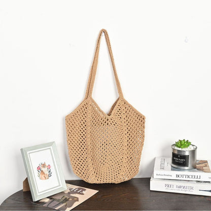 Bohemian Crochet Hollow-Out Straw Beach Tote Bag - Vintage Woven Mesh Shoulder Purse with Inner Pouch
