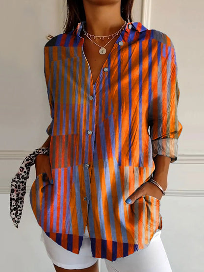 Women's Vintage Colorblock Striped Art Print Casual Cotton And Linen 3/4 Sleeve Shirt