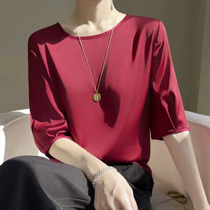 Luxury Acetate Silk-Satin Round Neck Blouse with Half Sleeves