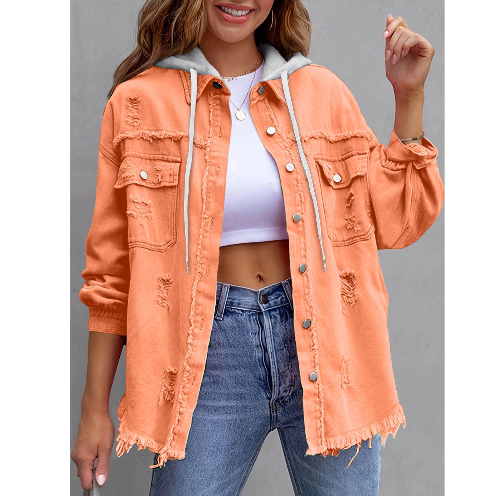 Vintage Oversized Ripped Denim Hoodie for Women - Streetwear Button Down Jacket