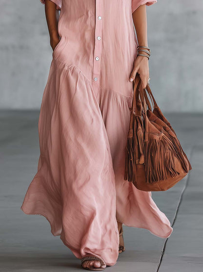 Robe longue décontractée rose en coton et lin, style rétro western, col en V, boutonnée sur le devant, manches courtes
