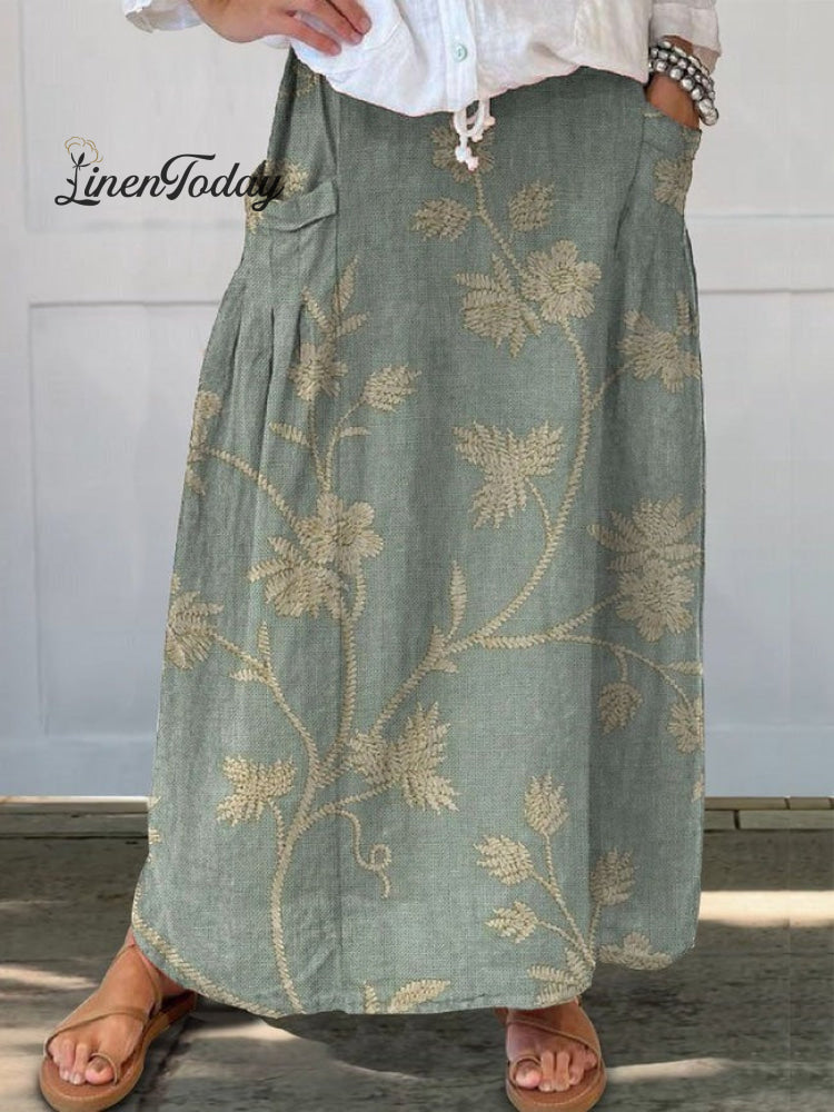 Women's Retro Floral Art Print Casual Cotton And Linen Shirt