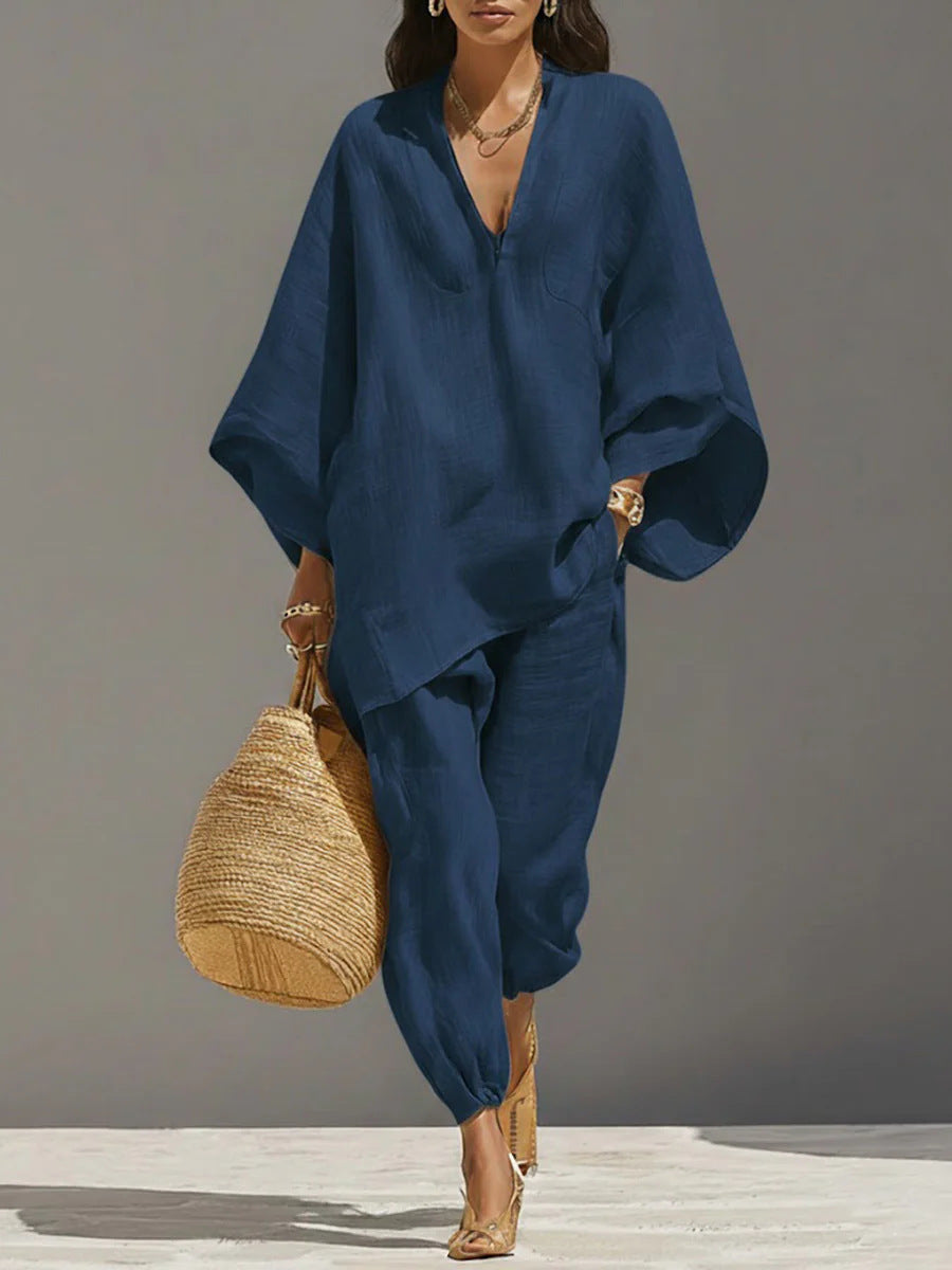 Women's Linen Two Piece Outfits – Loose Oversized V-Neck Tunic Top and Jogger Pants Set, Summer Vacation Boho Co-ord Set