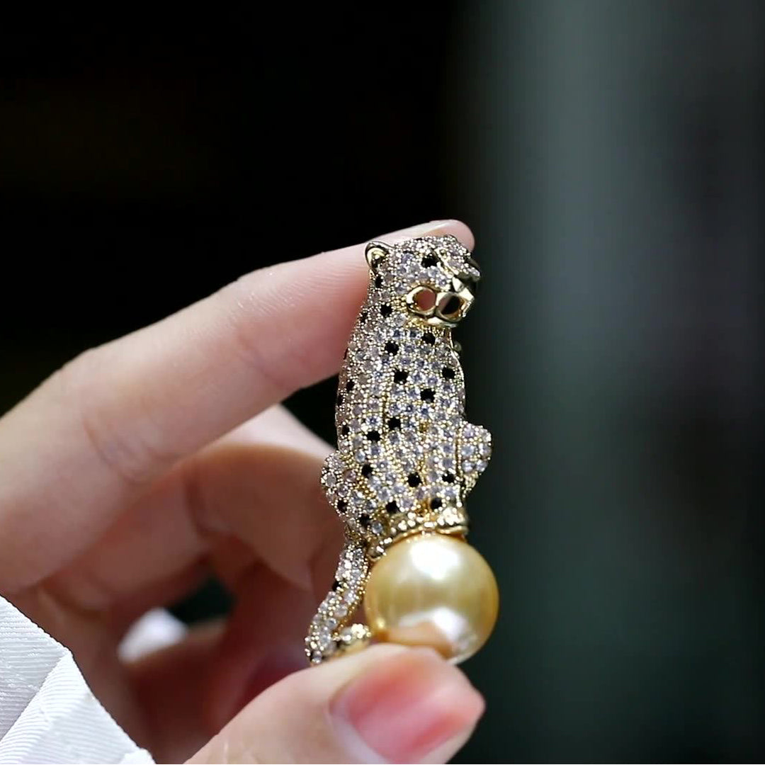 Vintage leopard zircon brooch with mother pearls, women's pin pendant jewelry gift.