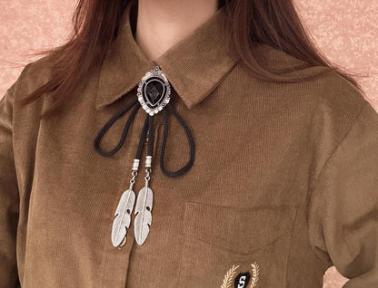 Retro teardrop-shaped obsidian bolo ties, Western cowboy bolo tie
