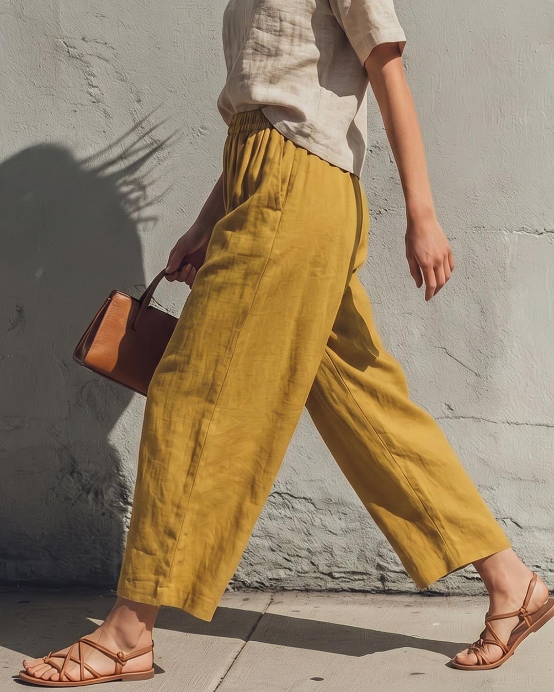 High-Waisted Smocked Elastic Waist Pants | Breathable Linen-Blend Lantern Trousers