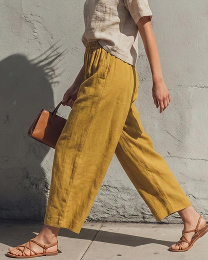 High-Waisted Smocked Elastic Waist Pants | Breathable Linen-Blend Lantern Trousers