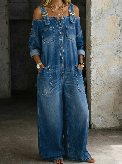 Vintage Washed Denim Jumpsuit for Women - Sexy Off-the-Shoulder Long Sleeve One-Piece